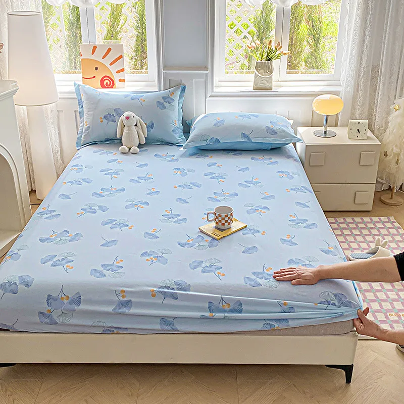 Bonenjoy 1pc Pure Cotton Bedsheet Plant Print Bed Cover Adults Kids Room Fitted Sheet Soft Bed Linen sabanas (No Pillowcase)