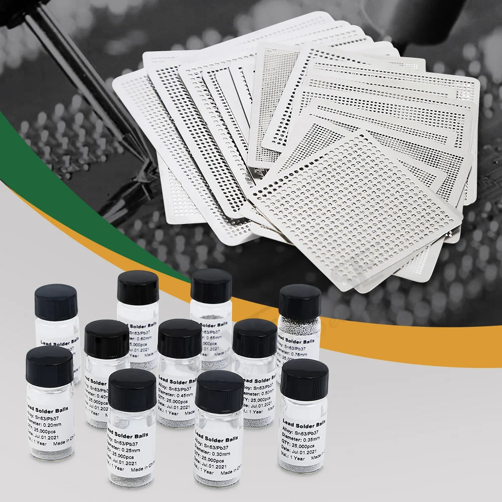 

11 бутылок 25 К шарики для припоя 0,2-0,76 мм Sn63/Pb37 + 27 шт. универсальные трафареты с подогревом для реболлинга напрямую для ремонта чипов, пайки печатных плат