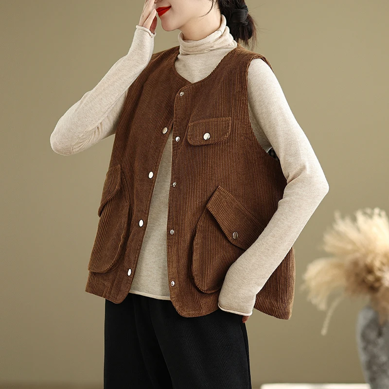 Gilet rétro en velours côtelé de coton pour femmes, ample, polyvalent, Patchwork, grand ket rond Ne Jaet, tendance, printemps automne