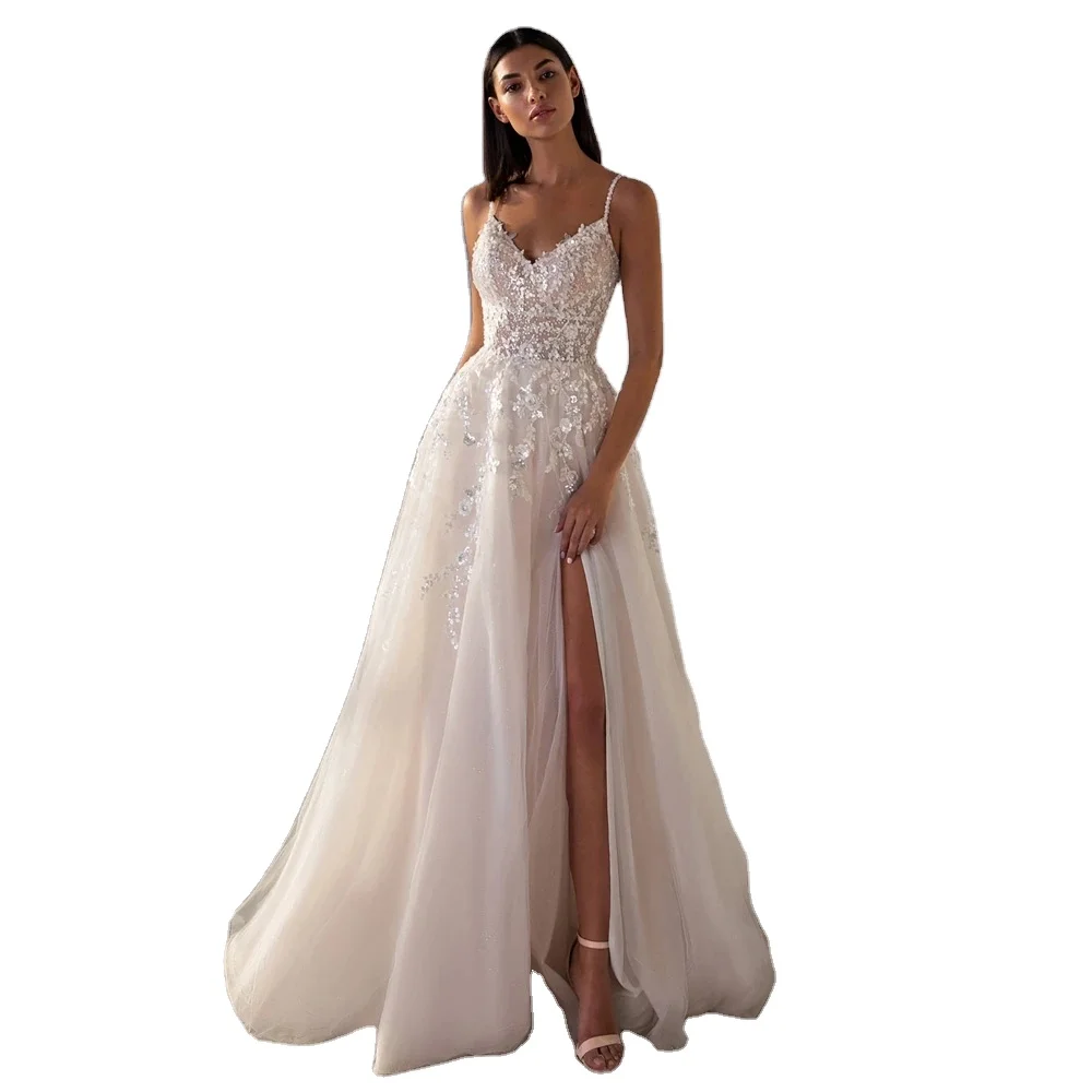 

New Sexy High Split Beach Wedding Dresses Spaghetti Tulle Backless Lace Appliques Sequined Bridal Gowns vestidos de novia