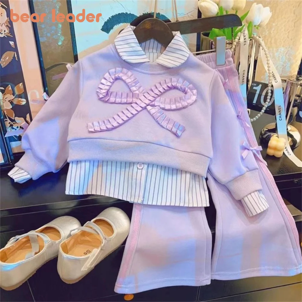 

Bear Leader Autumn Girls Clothes Striped Shirt+Butterfly Pullover Sweatshirt+Flared Pants Korean Version Casual Children's Sets