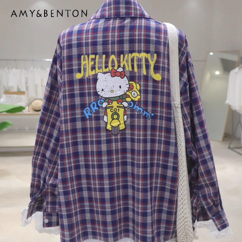 

2025 Summer Loose Slimming Mid-Length Plaid Long Sleeves Shirt With Lace Hem Women's Single-breasted Blouse Clothes For Girls