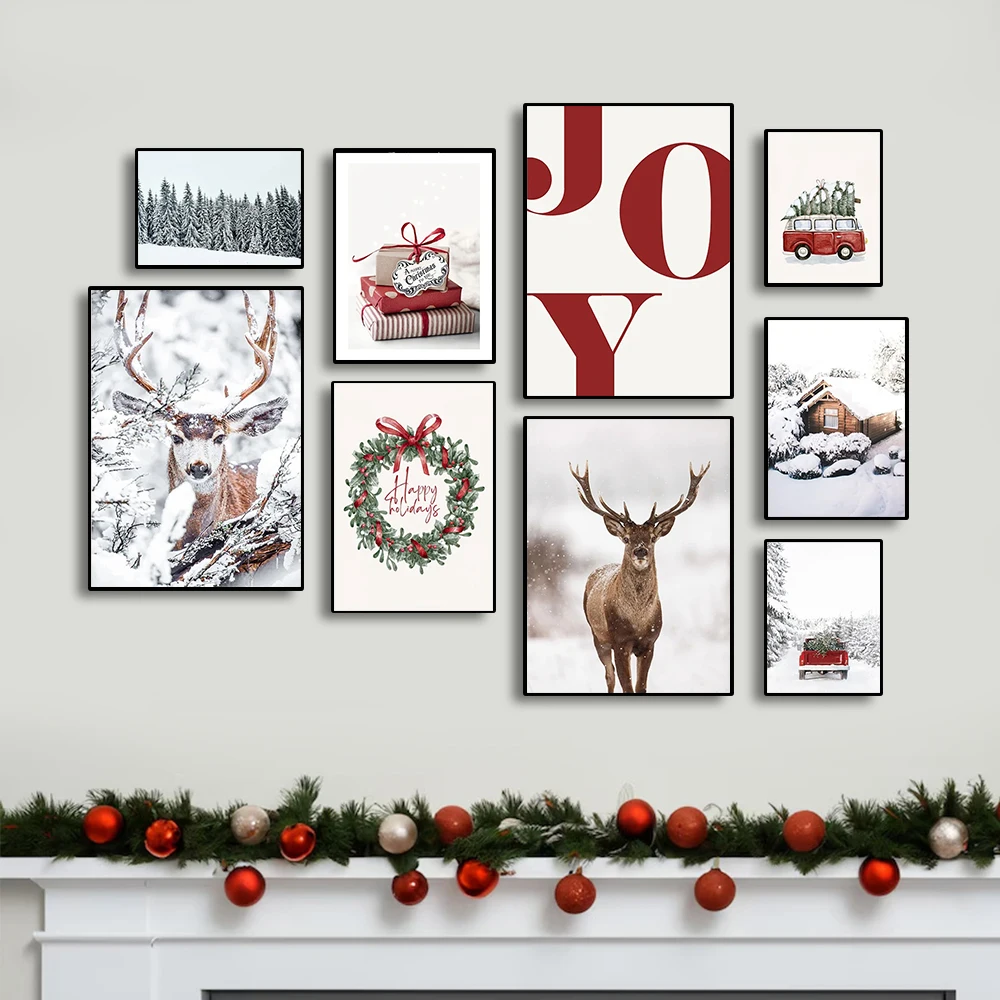 Christmas Deer Snowscape Canvas Poster Art Prints Hazelnut Wood Wall Paintings Christmas Wall Posters Living Room Decor Gift