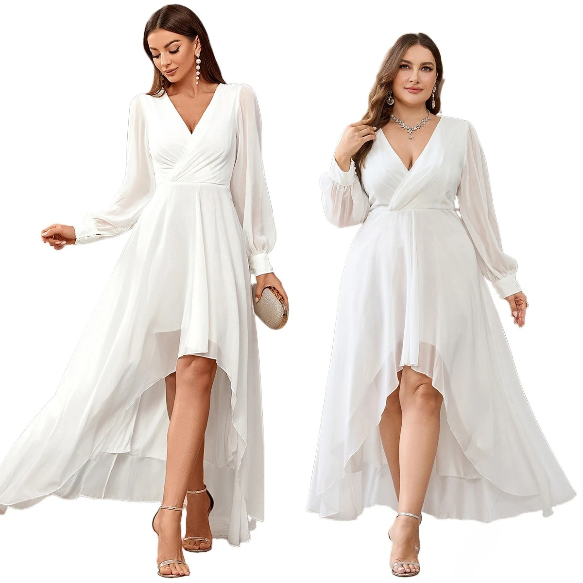 

Chic High Low V-neck Chiffon Long Formal Evening Dress With Long Sleeves