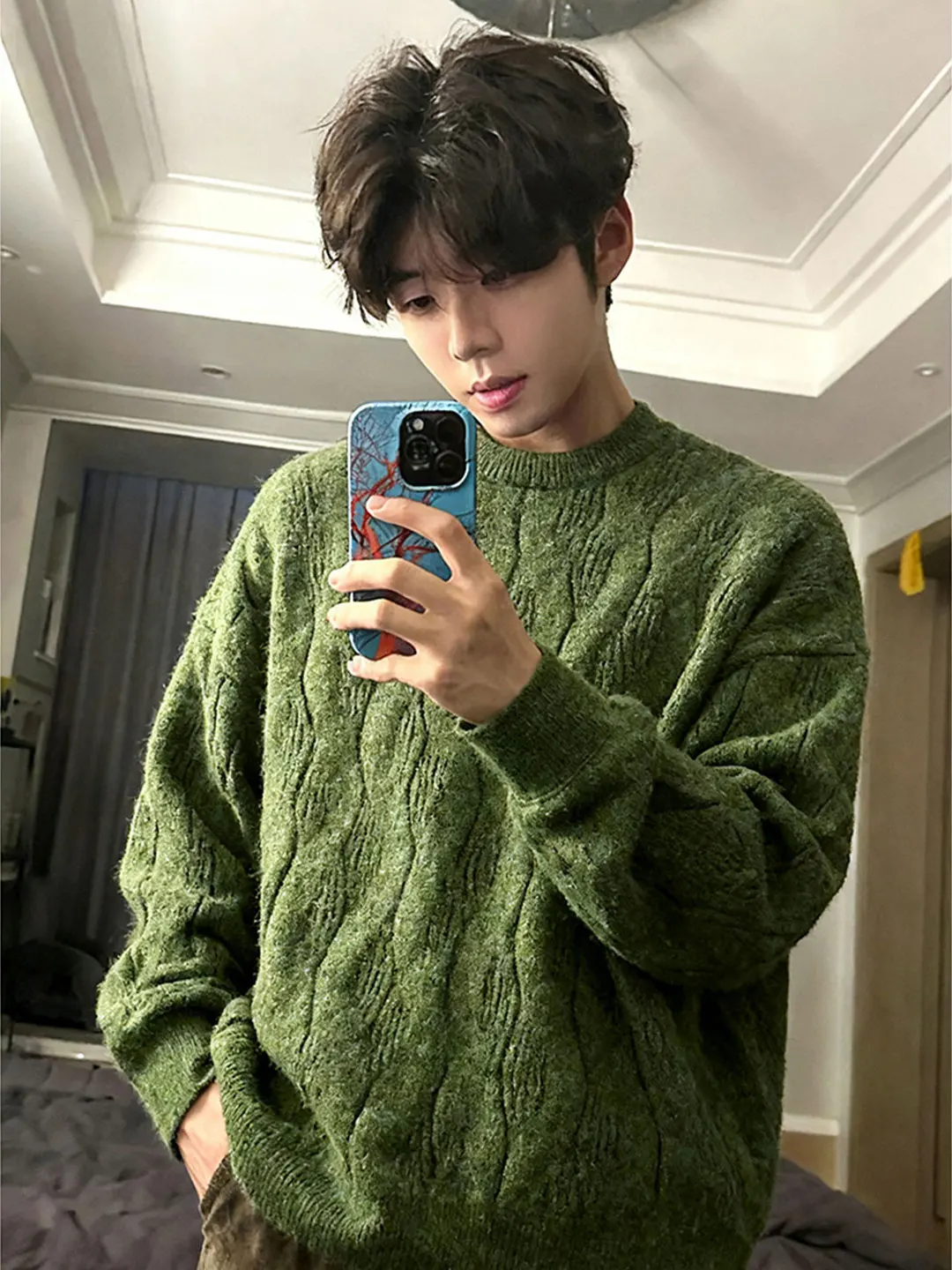 

Мужской свитер с круглым вырезом и узором косы, зимний, для повседневной носки, американский стиль Cleanfit, базовый трикотаж, удобный, свободный крой, длинный рукав.