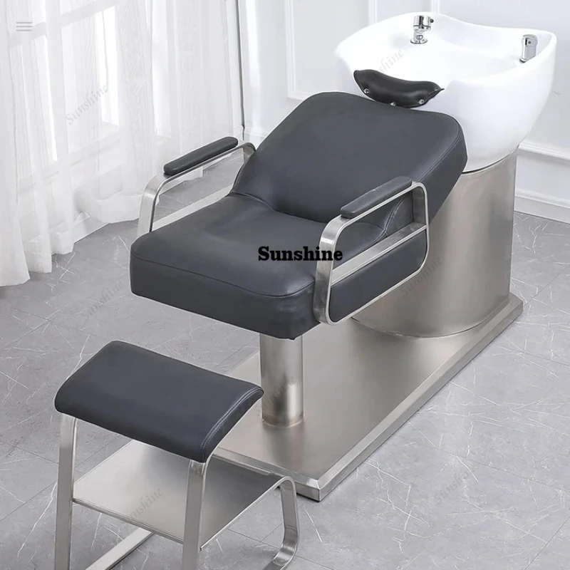 High-end barber shop semi-reclining shampoo flush bed stainless steel simple ceramic semi-reclining  FT