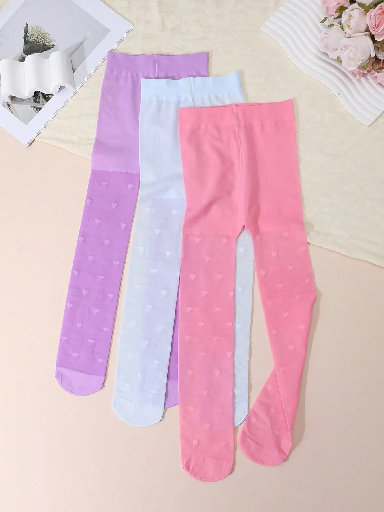 3 uds., medias con estampado de corazón para niñas, nailon, spandex, transpirables, elásticas, multicolores, pantimedias transparentes de 0 a 14 años, uso diario informal