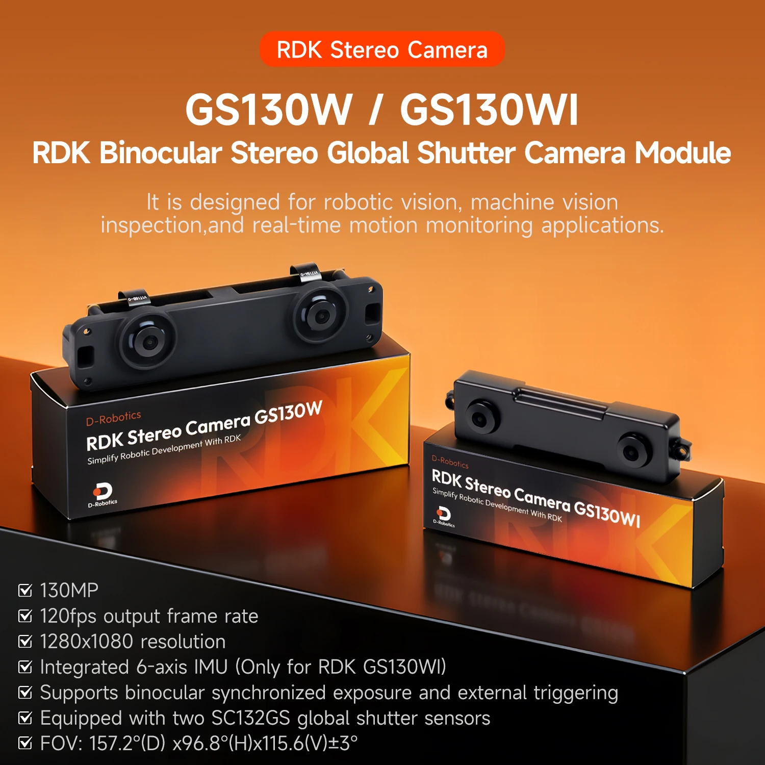 RDK GS130W/GS130WI Stereo Camera Module Binocular Global Shutter Camera 1.3MP Pixels For Robot Vision Inspection Applications