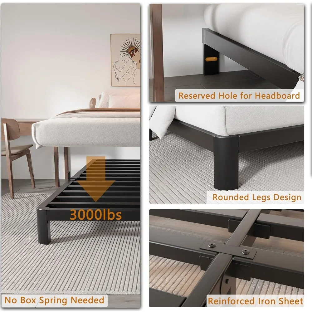 Marco de cama bajada de 4 pulgadas Queen, marco de cama Queen de perfil bajo, No necesita somier con tapones de colchón, cabecero DIY, resistente S