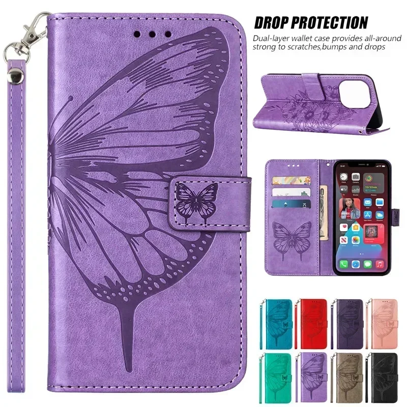 Butterfly Wing Lanyard Leather Phone Case for iPhone 16 15 14 13 Mini 12 Pro 11 X XR XS Max SE 8 Plus Bracket Wallet Card Cover