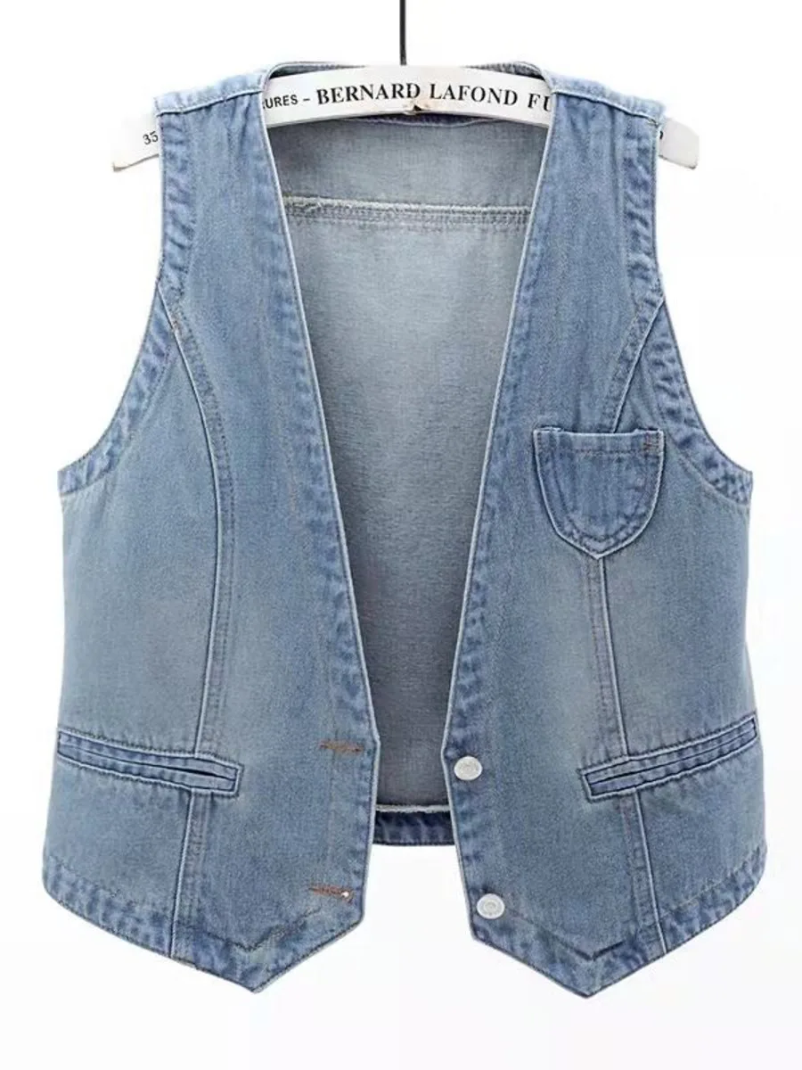 

Chic Denim Vest Female Streetwear V Neck Women Vest Summer Large Size Waistcoat Jeans Tops Sleevless Jacket Chaleco Mujer