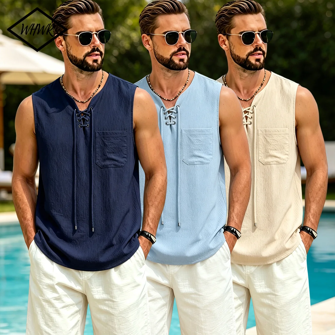 Men's Beach Vacation Sleeveless Vest Textured Fabric Lace-up Front V-Neck Tank Top With Pocket Loose Lightweight Casual Tops