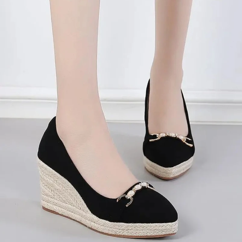 

2025 женские сандалии, эспадрильи на танкетке, туфли-лодочки, сандалии с металлическими бусинами, новый стиль, туфли на высоком толстом каблуке и платформе