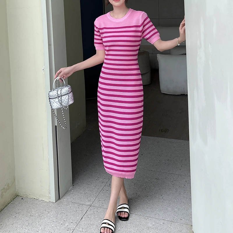 Hip Wrapped Knit Striped O-neck Short Sleeved Midi Dress Long Women Clothing One-Piece Dress Gown Elegant Casual Holiday Summer