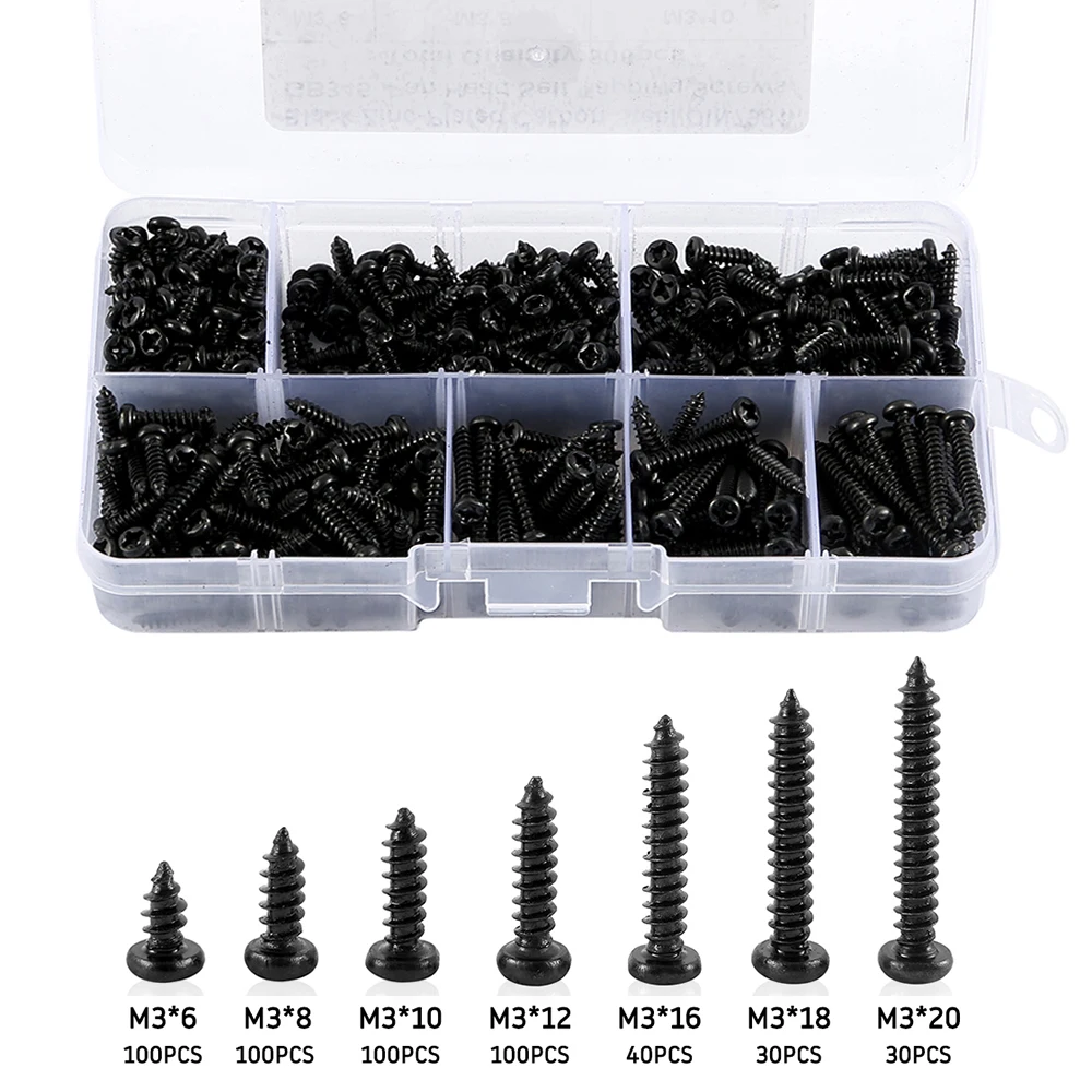 500Pcs M3 Screw Set 6/8/10/12/16/18/20mm Carbon Steel Cross Pan Head Self Tapping Screws Drilling Wood Screw Assortment Kit