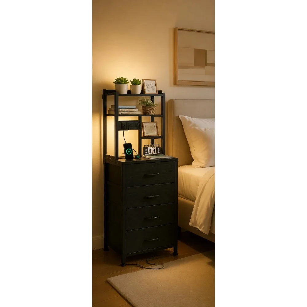 

Высокая прикроватная тумба со светодиодной подсветкой, зарядной станцией, USB-портами, четырьмя тканевыми ящиками и четырьмя-пятиуровневыми полками для хранения, для спальни, общежития, офиса