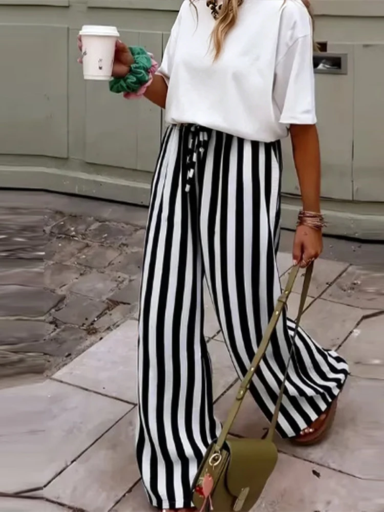 Loose Striped Long Pants Women Fashion Elastic Waist Lace Up Wide Legs Holiday Beach Trousers 2026 Summer Lady All-match Bottoms