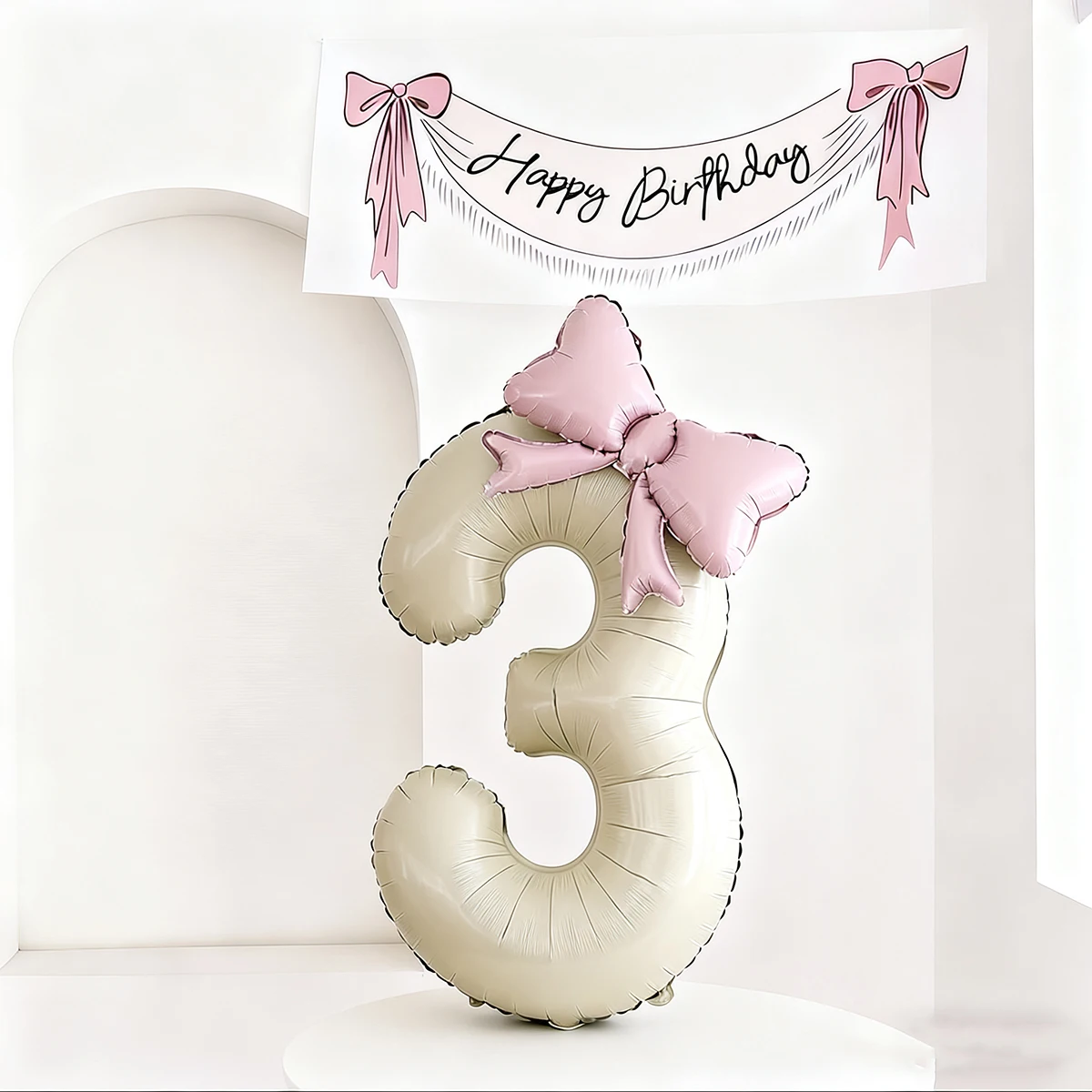 ‌40inch Brown-White Number 8 Foil Balloon with Light Pink Bow - Birthday/Anniversary Party Decor - 3