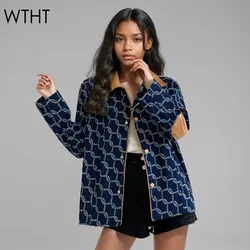 WTHT Trendy Women's Knit Print Patchwork Leather Denim Coat 2024 Autumn Fashion Lapel Long Sleeves Jacket Female 1LS128