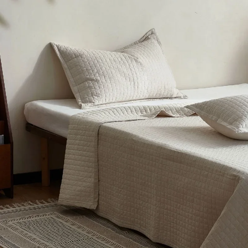Premium Cotton-Linen 3-Piece Quilt Set King Queen, Vintage Solid Color Checkered Lightweight Bedspread, Throw Blanket for Bed