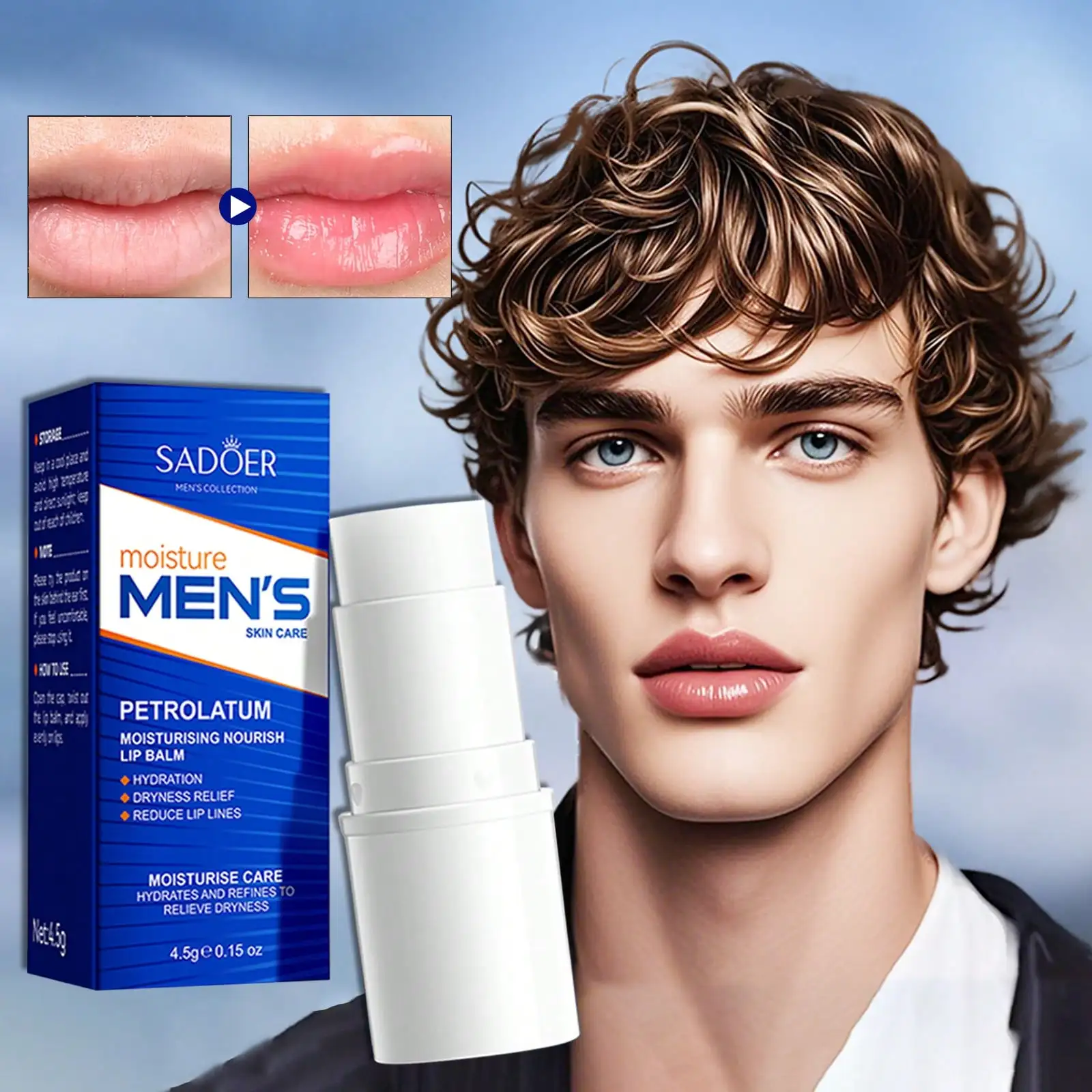 Bálsamo labial hidratante para hombres, bálsamo labial de vaselina, reduce las líneas de los labios, mejora el agrietamiento y los labios secos.