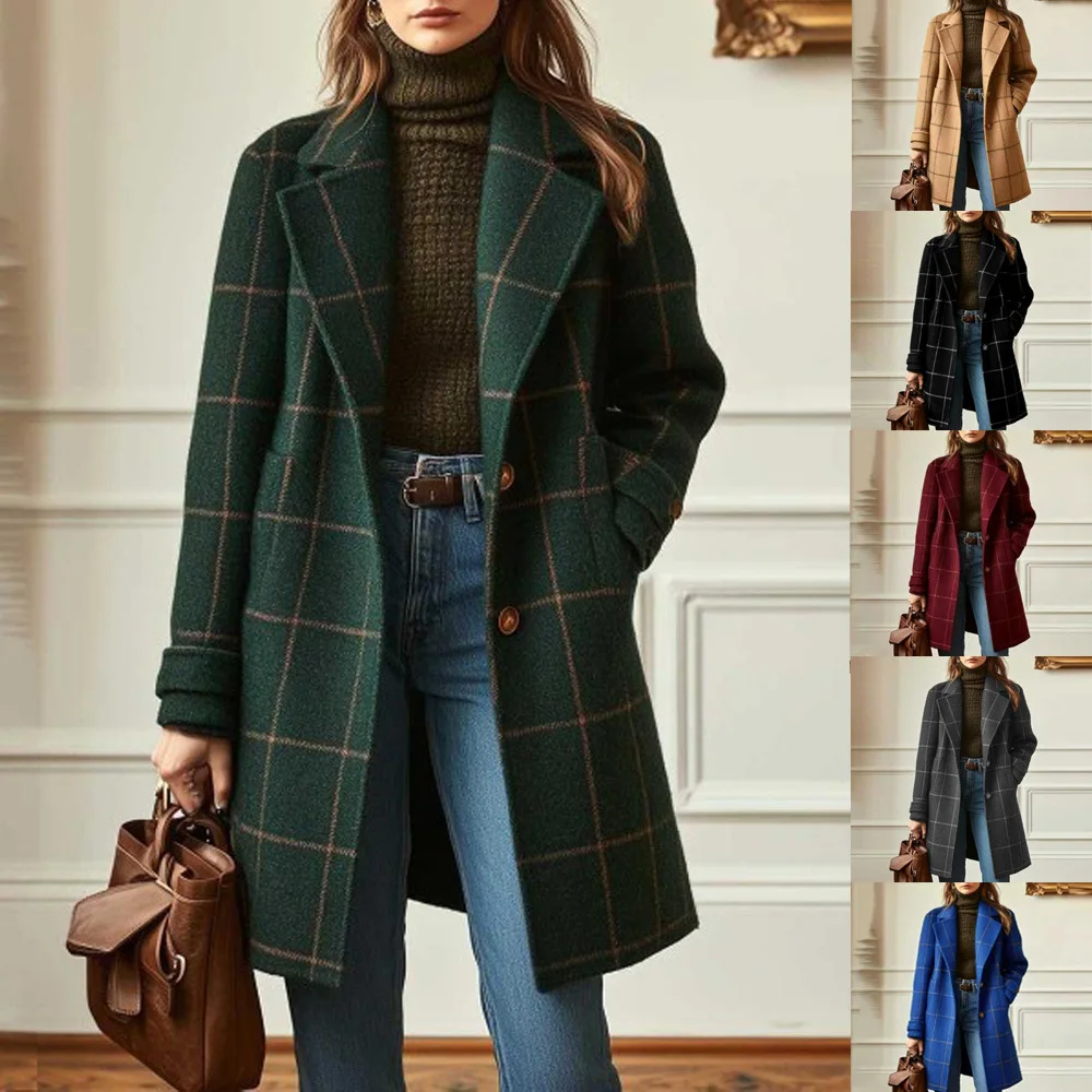 

Plaid Wool Coat Women Spring Summer Lapel Collar Trench Coats Vintage Casual Outerwear Winter Warm Jacket Clothes