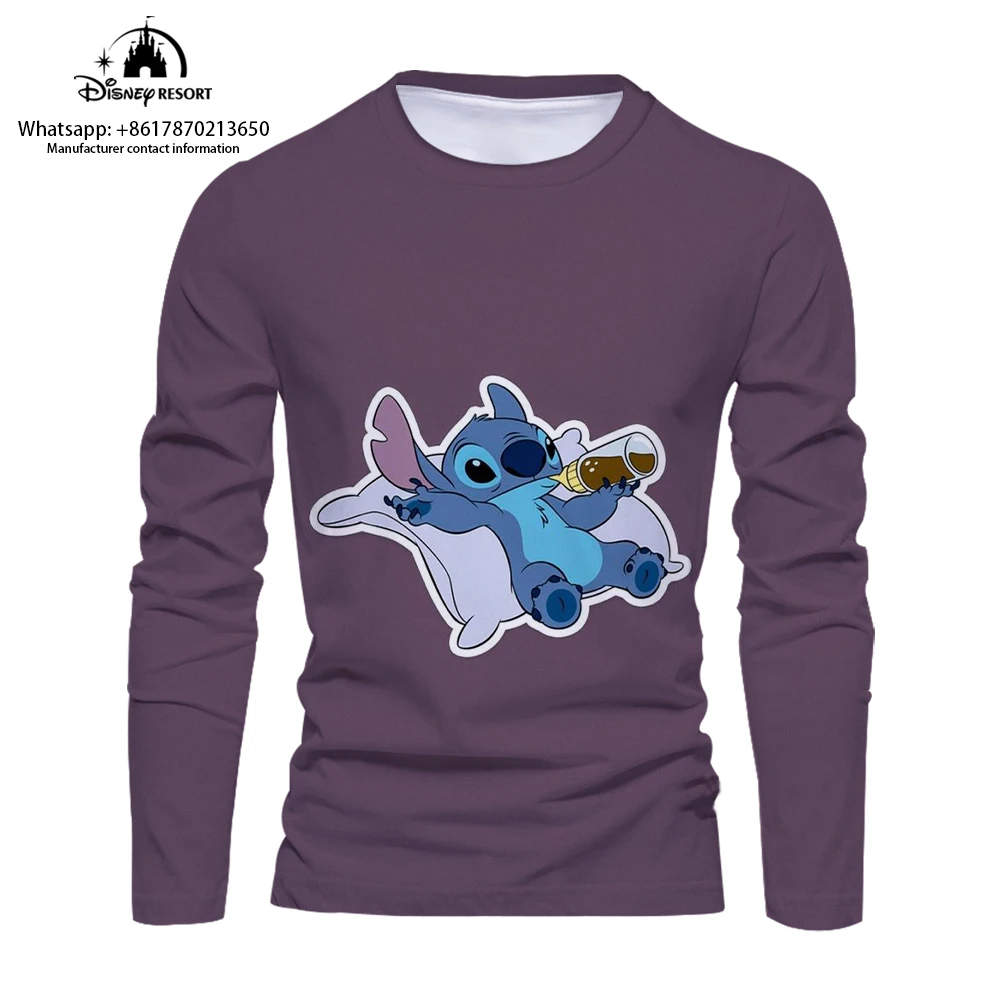 Cartoon 3D comfortable men's long-sleeved T-shirt 2024 new fashion casual men's bottoming shirt cute Stitch T-shirt