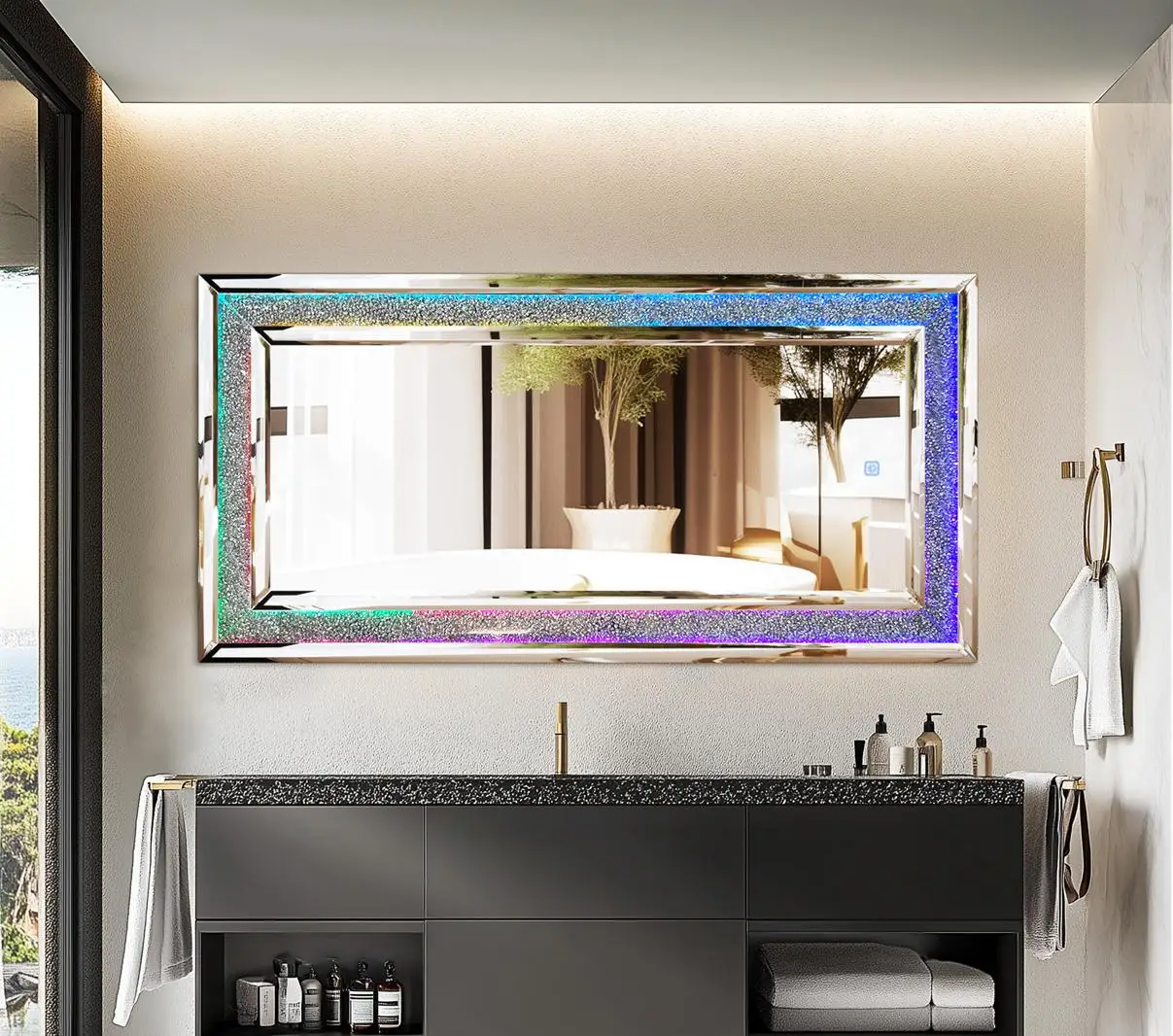 120x60cm RGB LED Full Length Mirror Crush Diamond Inlay for Living Room, Cloakrooms Full Body Lighted Mirror