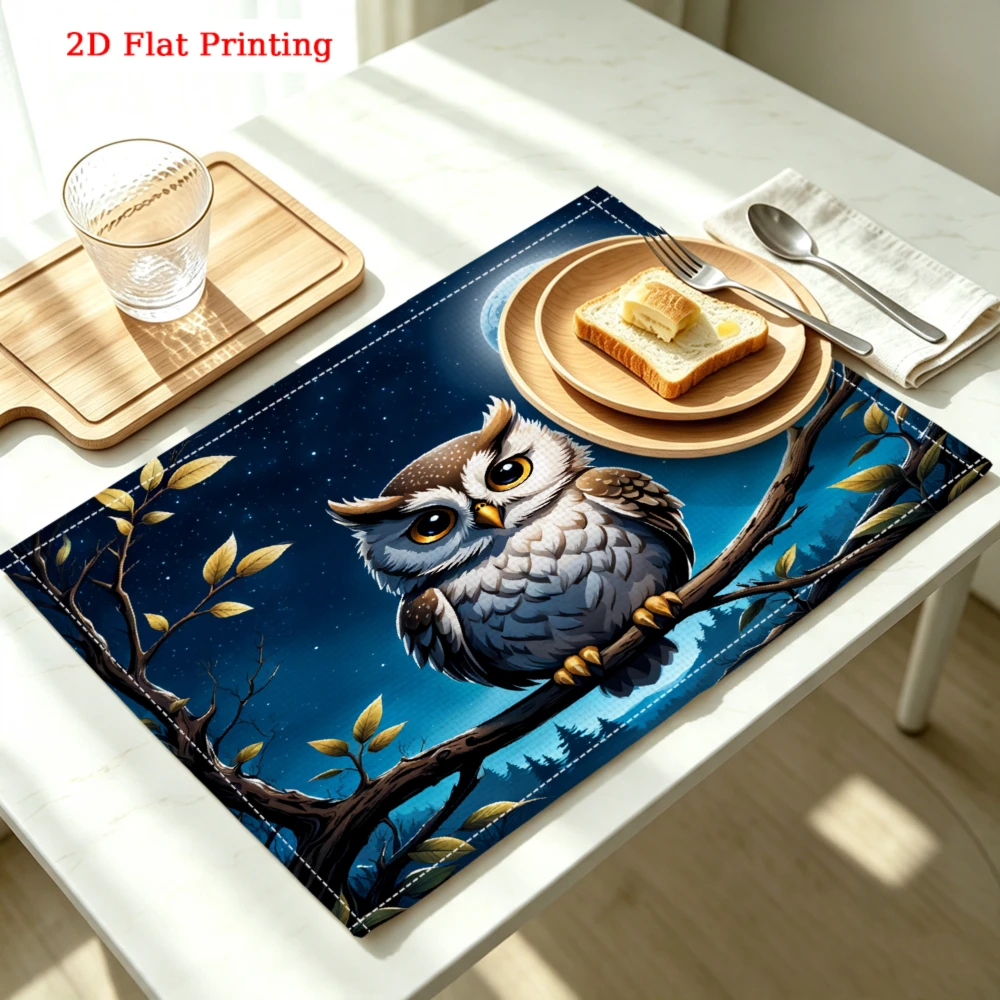 2Pcs Cartoon Owl Placemat Blue Night Sky Print Table Mat Kitchen Dining Decor Non Slip Heat Resistant 30X40Cm