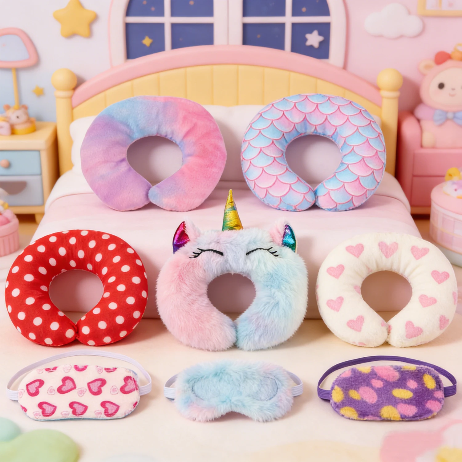 Cute Neck Pillow+Eye Mask Set Cute Unicorn Plush Heart Neck Pillow Suit For 18-inch American&43cm Baby Newborn Dolls Accessories