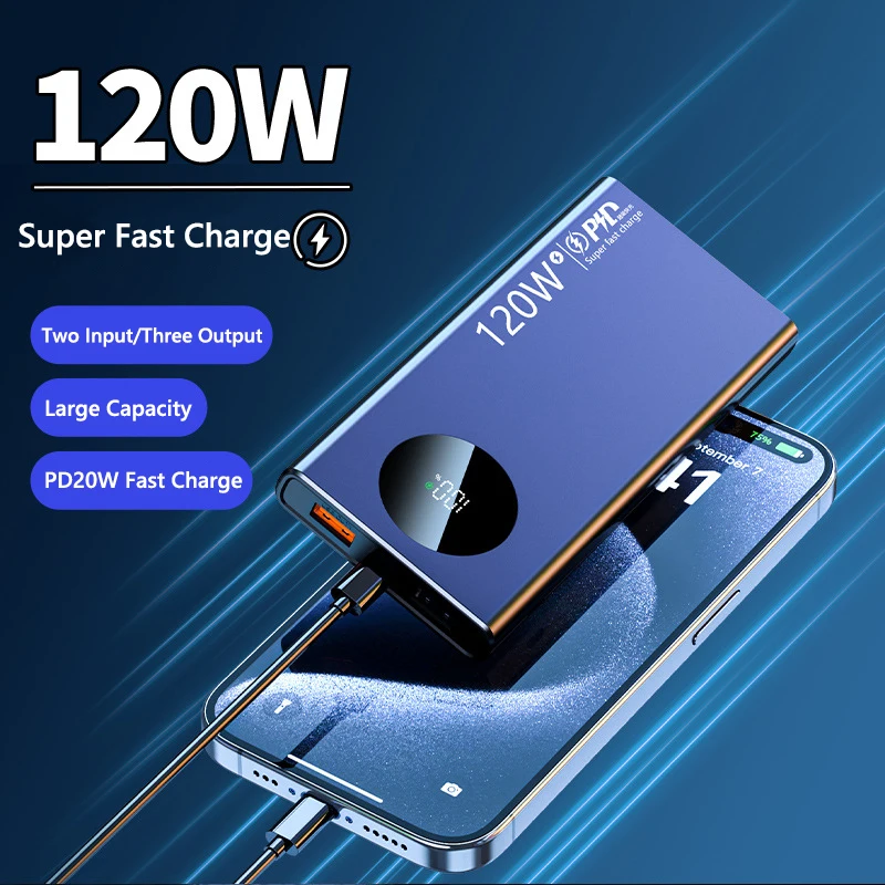 120W Power Bank 20000mAh PD Fast Charging Portable Battery Charger For iPhone 17 16 15 Samsung S24 Ultra Huawei Xiaomi Powerbank