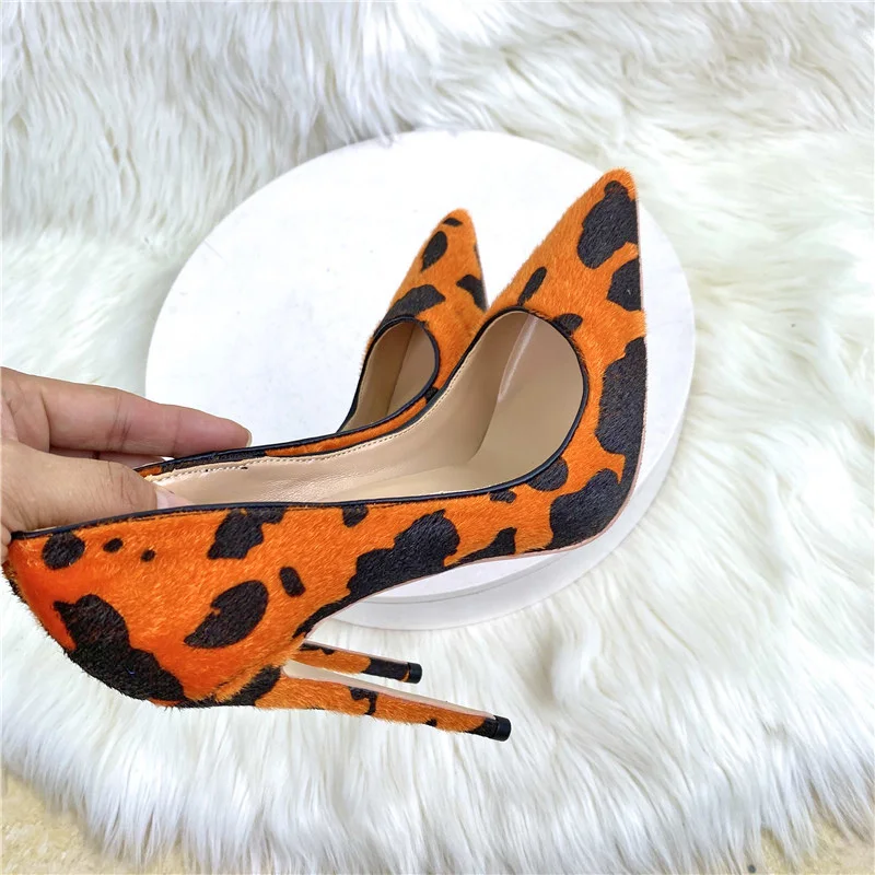 KeShangJia Hairy Grafitti Pattern Women Orange Pointy Toe High Heel Shoes Unique Design Sexy Slip On Stiletto Pumps Plus Size 45