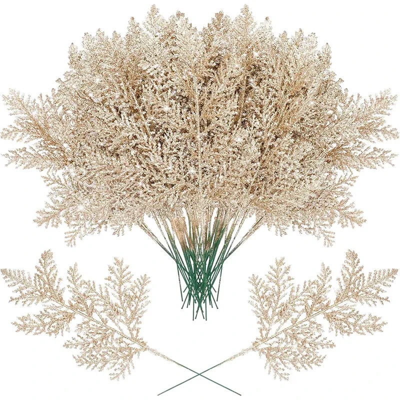 Glitzernde Künstliche Kiefernnadel-Zweige 5/10 Stück Weihnachtsbaum-Kranz DIY Blattwerk-Stiele Heim-Party Weihnachtsgirlande Deko-Ornamente – Detail 1