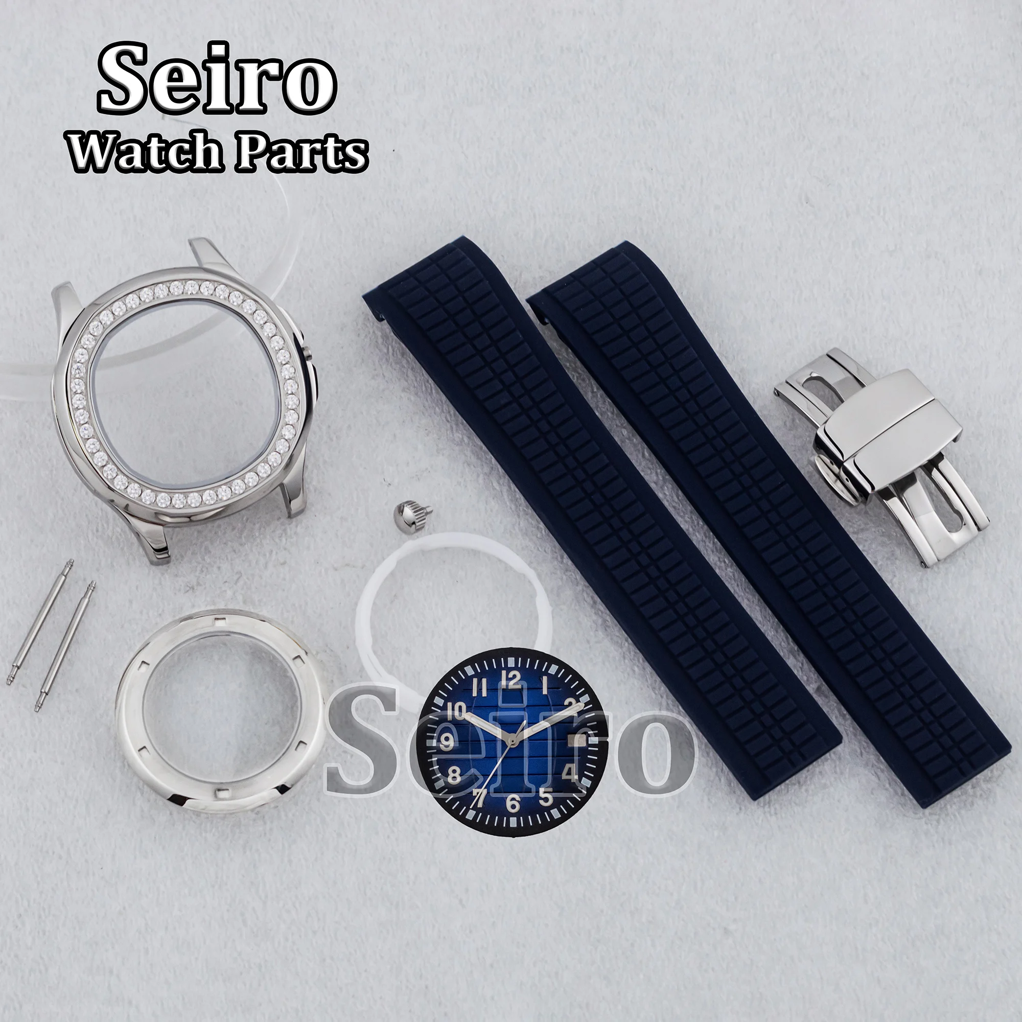 

42MM Diamond Silver Watch Case 32MM Luminous Dial Hands Dark Blue Orange Rubber Strap for AQUANAUT Nautilus NH35 NH36 Movement