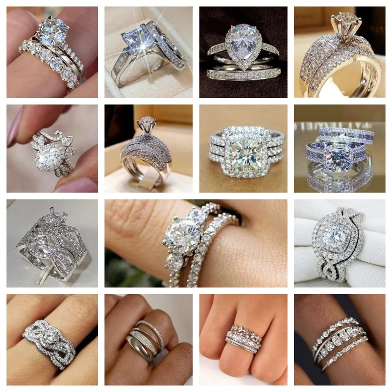 New 2-piece Set of Matching Rings, Women's Geometric Half Circle Diamond Jewelry Design, Shiny Luxury Dress, Jewelry Wholesale