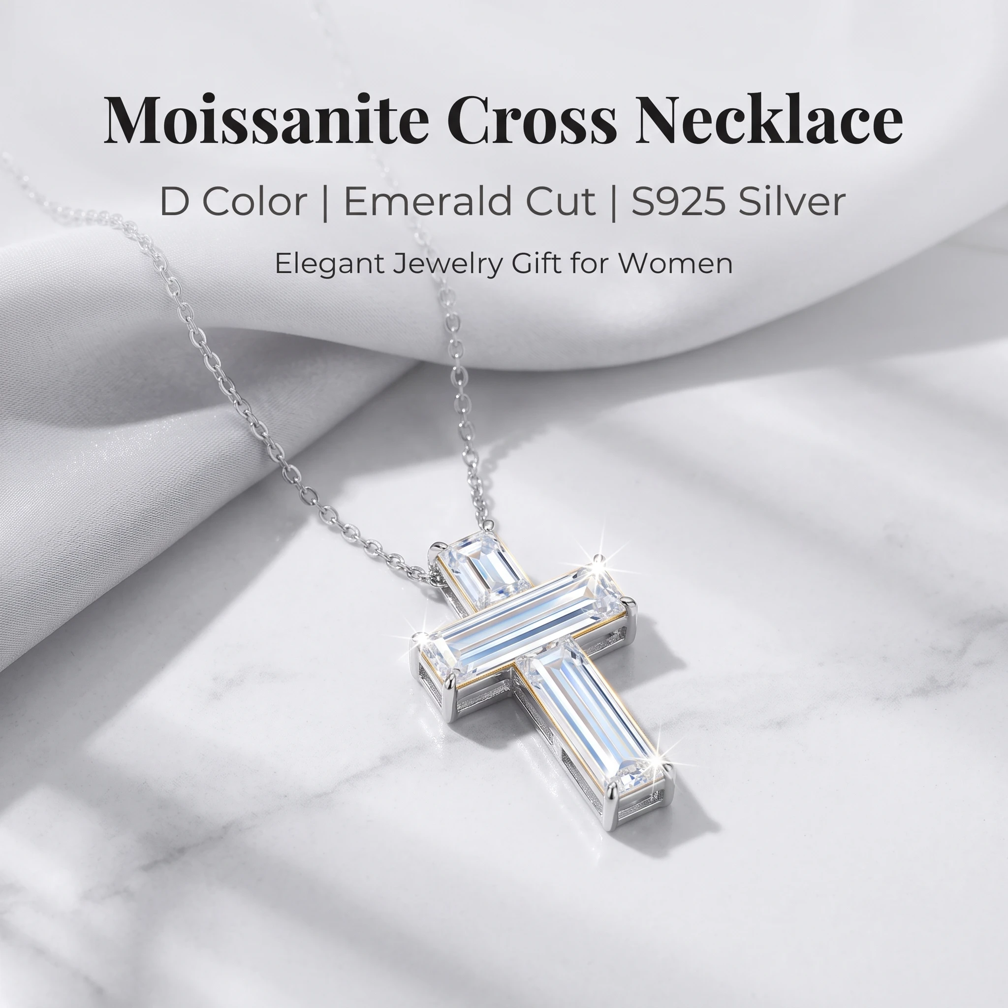 S925 Sterling Silver D Color Moissanite Cross Necklace, Baguette Cut Pendant, Hypoallergenic Jewelry Gift for Women