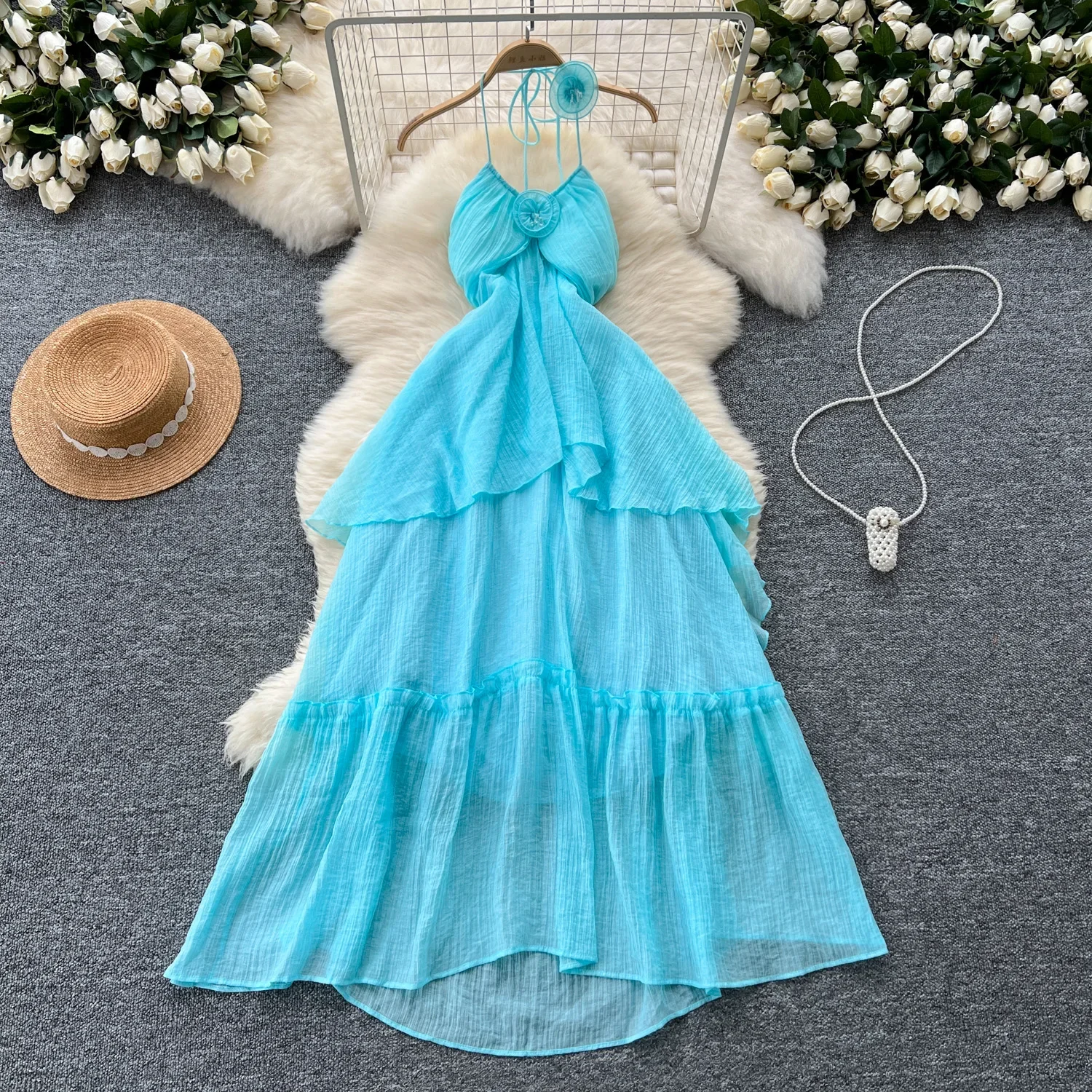 Vintage Floral Halter Basics Sleeveless Chic Ruffle Slim Fairycore Dresses French Beach Vacation Women Fashion Summer Clothing