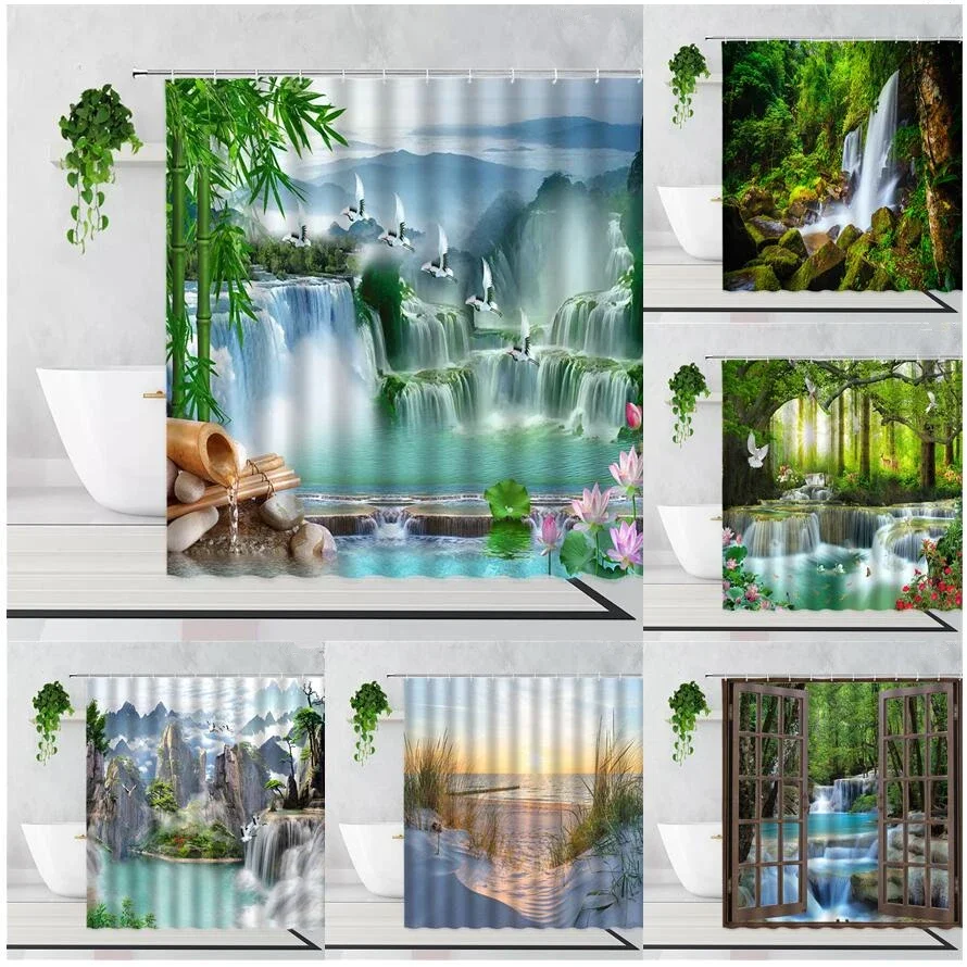 Zen Bamboo Forest Shower Curtain Summer Forest Jungle Waterfall Rock Nature Scenery Bath Curtains Set Green Landscape Bathroom