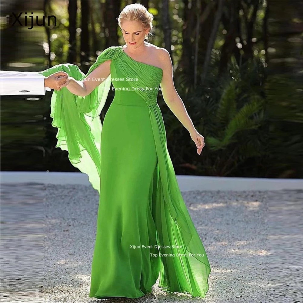 

Xijun Green Chiffon Long Evening Dresses One Shoulder A-Line Prom Dresses Floor Length Formal Occasion Promise Gowns For Women