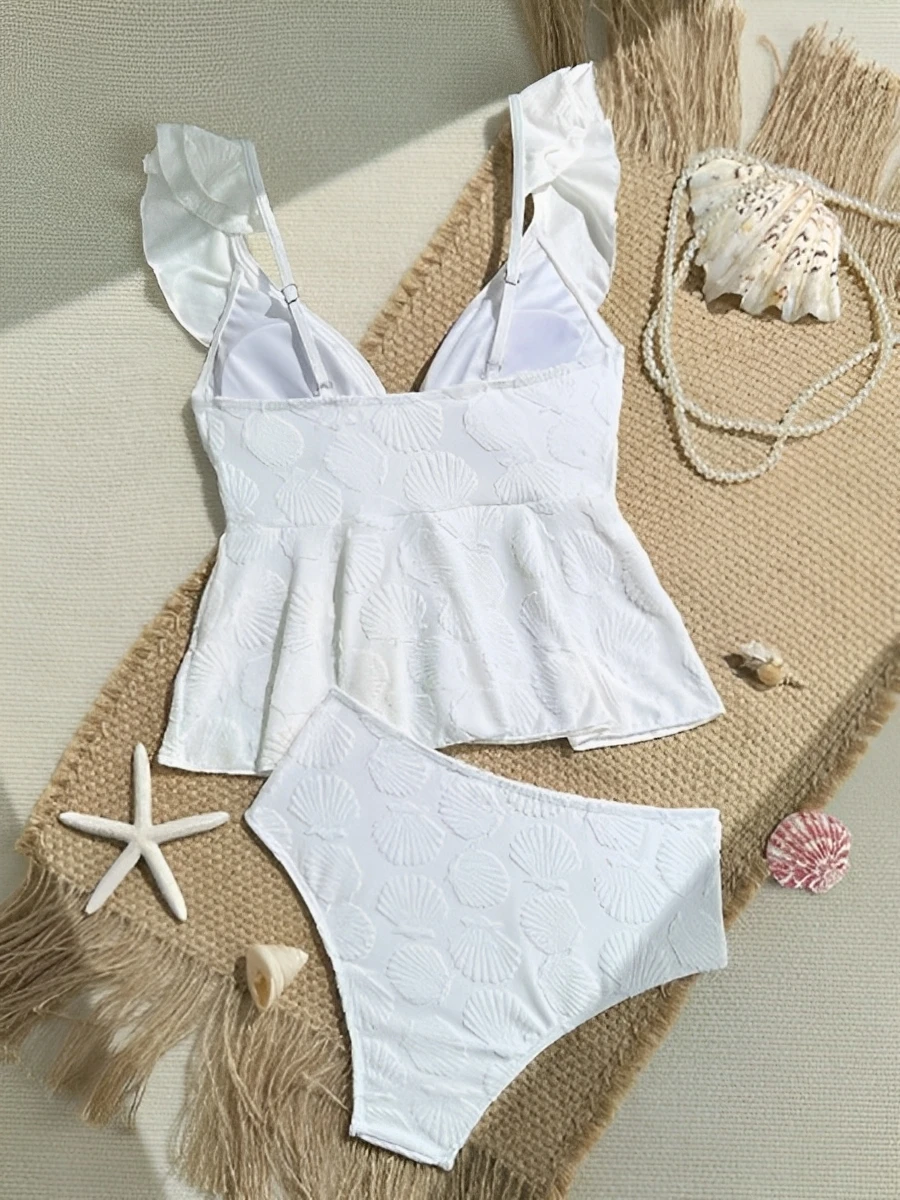 2025 كشكش Tankini قطعتين الصلبة ملابس السباحة النساء قذيفة الأبيض ملابس السباحة الإناث الاستحمام السباحة لباس سباحة بحر #4