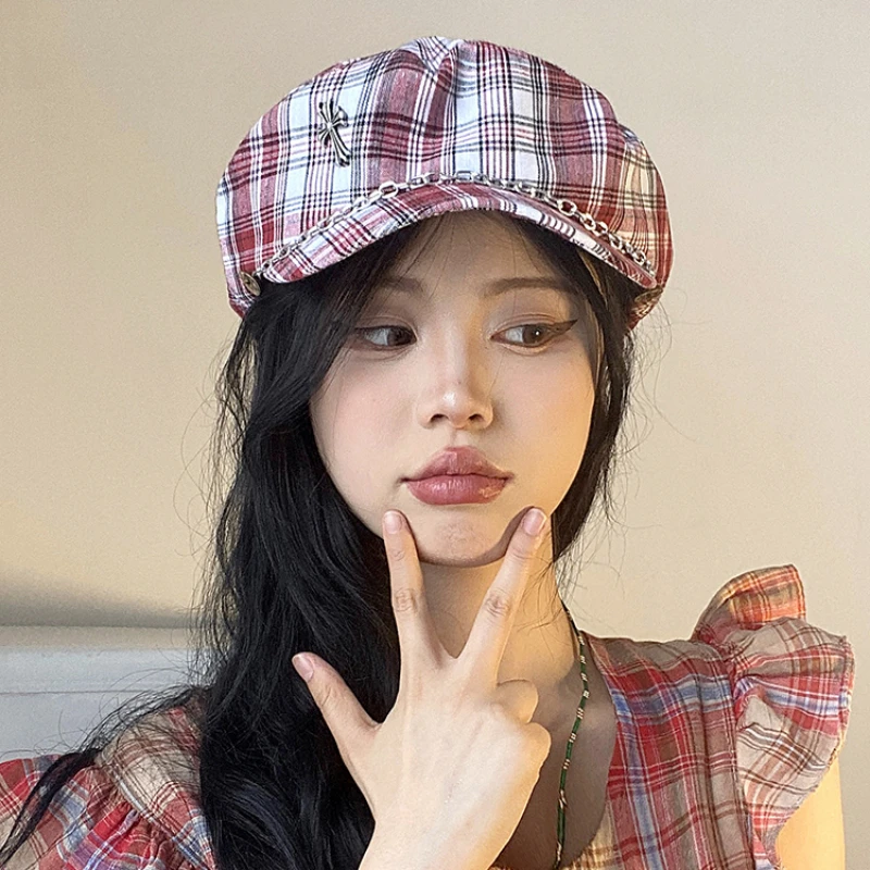 Korean Version Retro Plaid Contrasting Color Berets Caps for Women Summer Sunscreen Versatile Chain Design Octagonal Hats Y2k