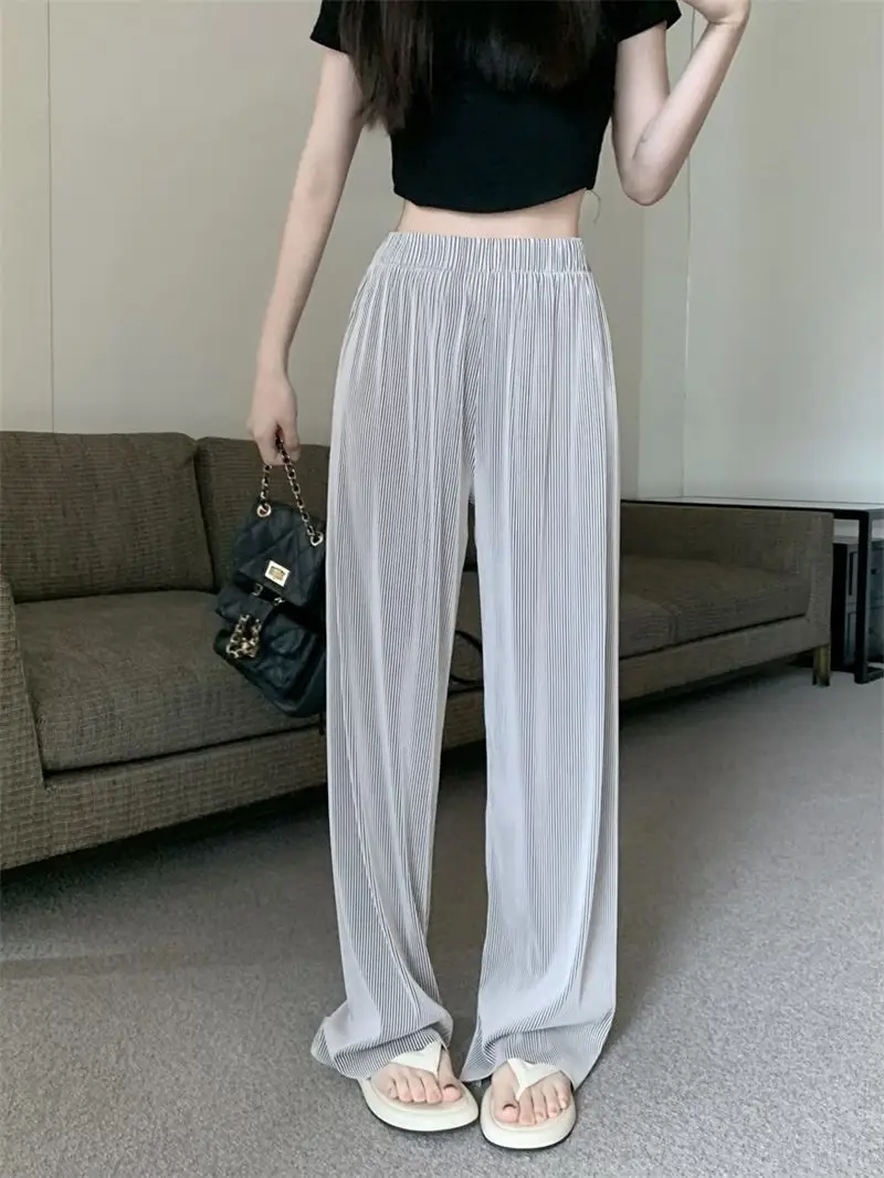 

Slouchy Pleated Casual Pants Women Loose Draping Moped Striped Pants High Waist Thin Texture Wide Leg Full Length Pants