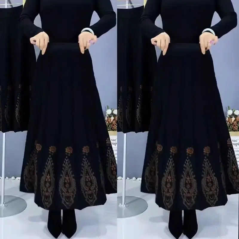 Winter Warm Women Boho Knit Maxi Skirt High Waist Flared Long Skirt with Vintage Paisley Embroidery, Elastic Waist Casual/Party