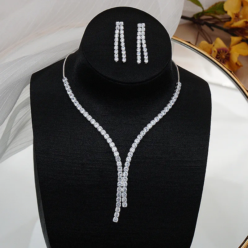 Simple Geometric Zircon Necklace Earrings Women Crystal Earrings for Wedding Bride Jewelry Sets Accessories