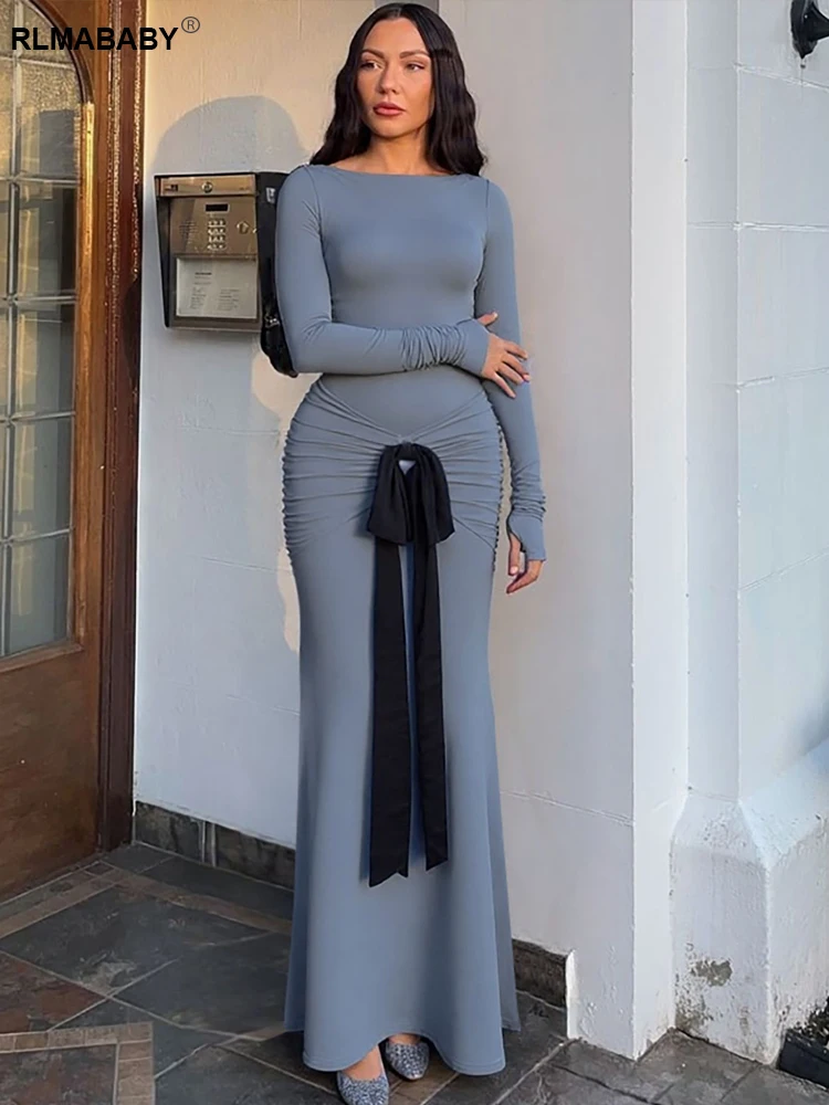 RLMABABY أنيقة س الرقبة طويلة الأكمام Ruched القوس المرأة Bodycon فستان طويل موضة نحيل مثير الدانتيل يصل الخريف الأزرق فستان ماكسي