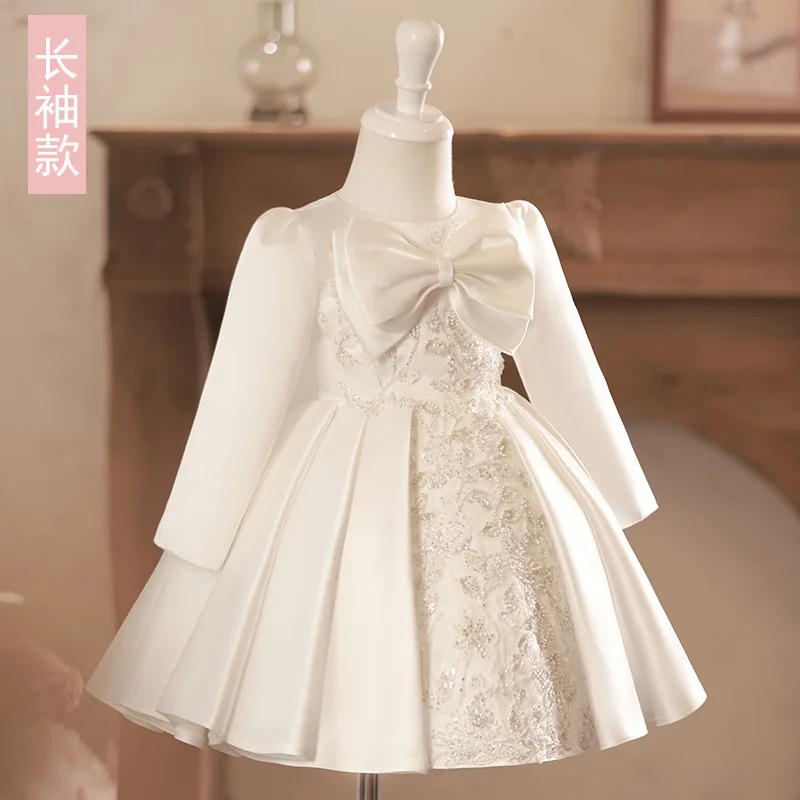 

2024Girls' High-End Host Costume for Piano Performance Pure White Flower Girl Wedding Princess Gown Dress