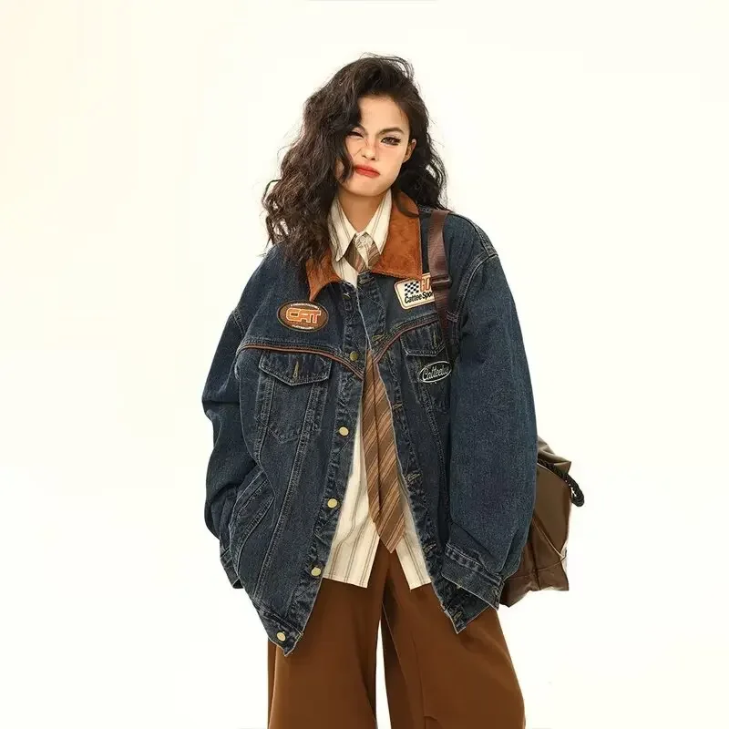 Blue Coke retro embroidered denim jacket women's autumn new loose contrasting color lapel tooling jacket