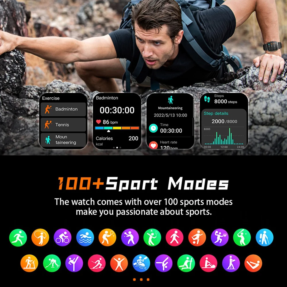 ساعة ذكية مقاومة للماء للاتصال بالبلوتوث للرجال ، شاشة ، مساعد صوت SOS ، معدل ضربات القلب ، جهاز مراقبة الصحة ، اللياقة البدنية ، الرياضة ، في الهواء الطلق