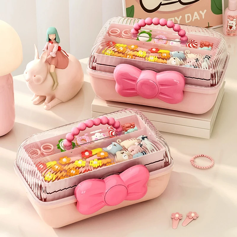

Multi-layer Storage Organizer With Bowknot Lock Cute Girl Jewelry Head Rope Headband Case Storage Box Cosmetic Dust-proof Box