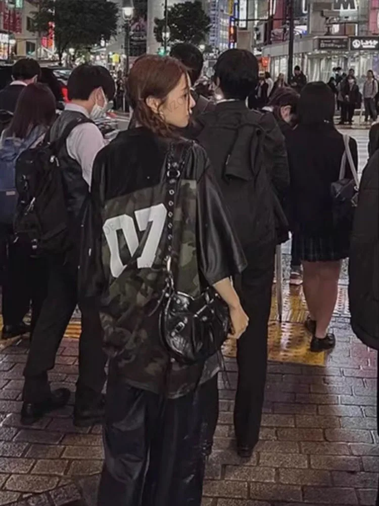 2024 Summer New Vintage Short Sleeve Jersey Women Loose Hip Hop V-Neck T-Shirts High Street American Retro Half Sleeve Tide Top